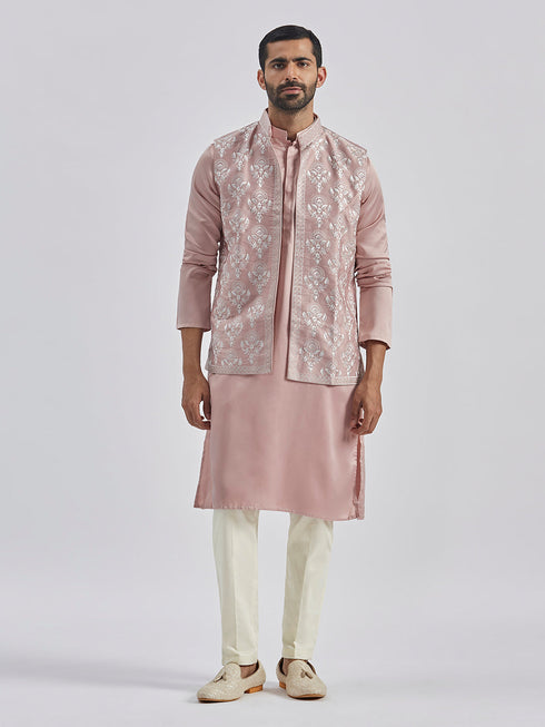 Men's Beige And Cream Silk Blend Jacket, Kurta And Pyjama Set